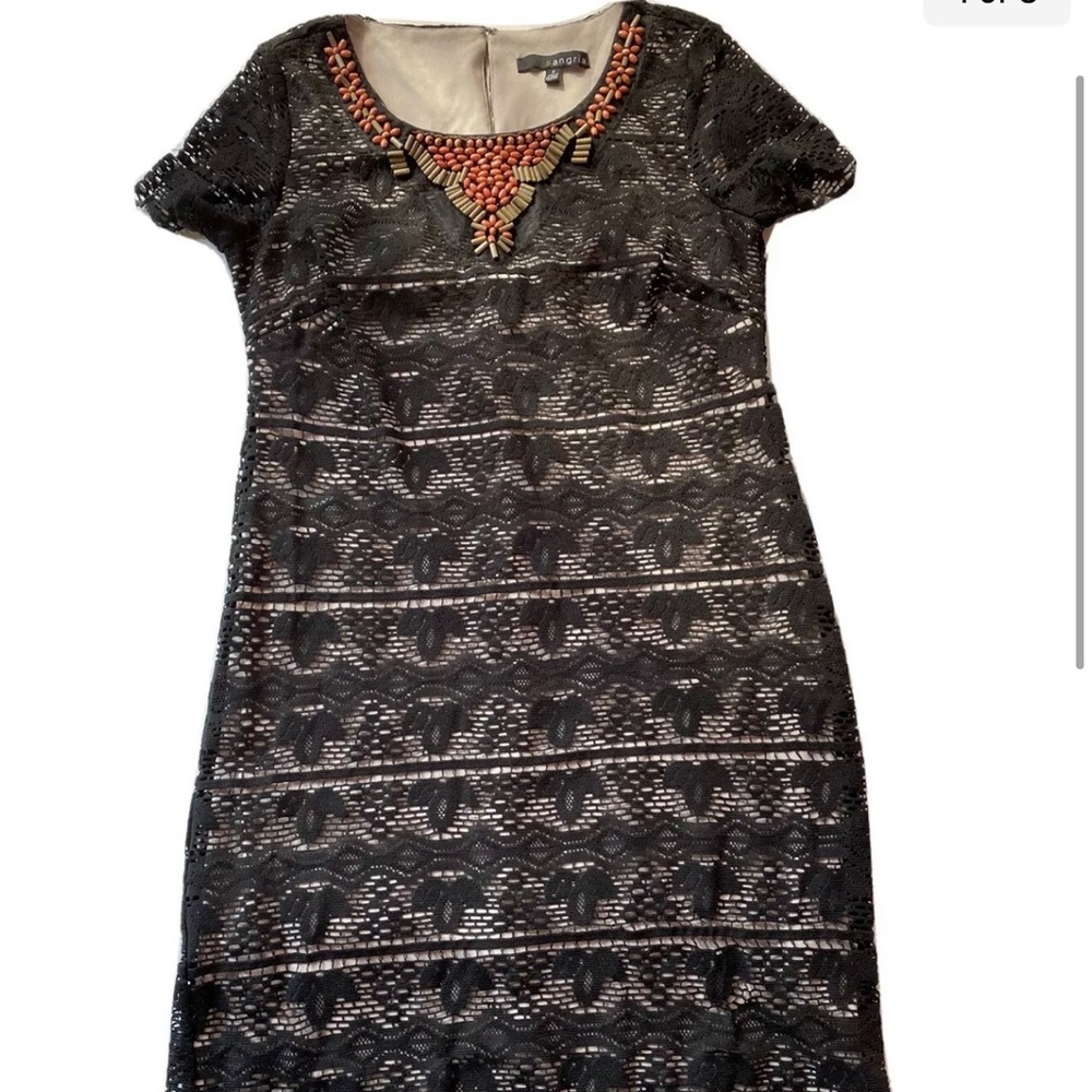 Sangria Black Lace/Net Overlay Dress Size 2 Short Sleeve Neck Embellishment